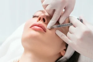 A specialist performing a lip injection for natural-looking results