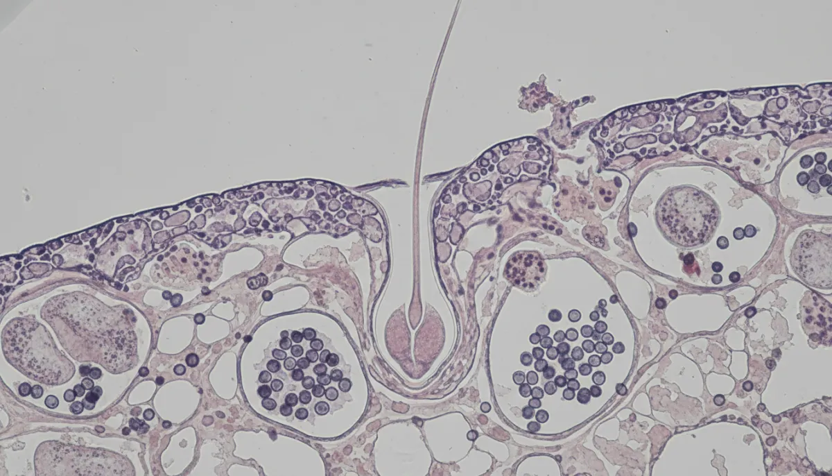 Microscopic view of a hair follicle affected by steroids