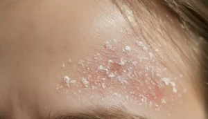 Close-up of a healthy scalp versus a scalp with dandruff and redness