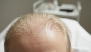 Close-up of a scalp showing thinning hair