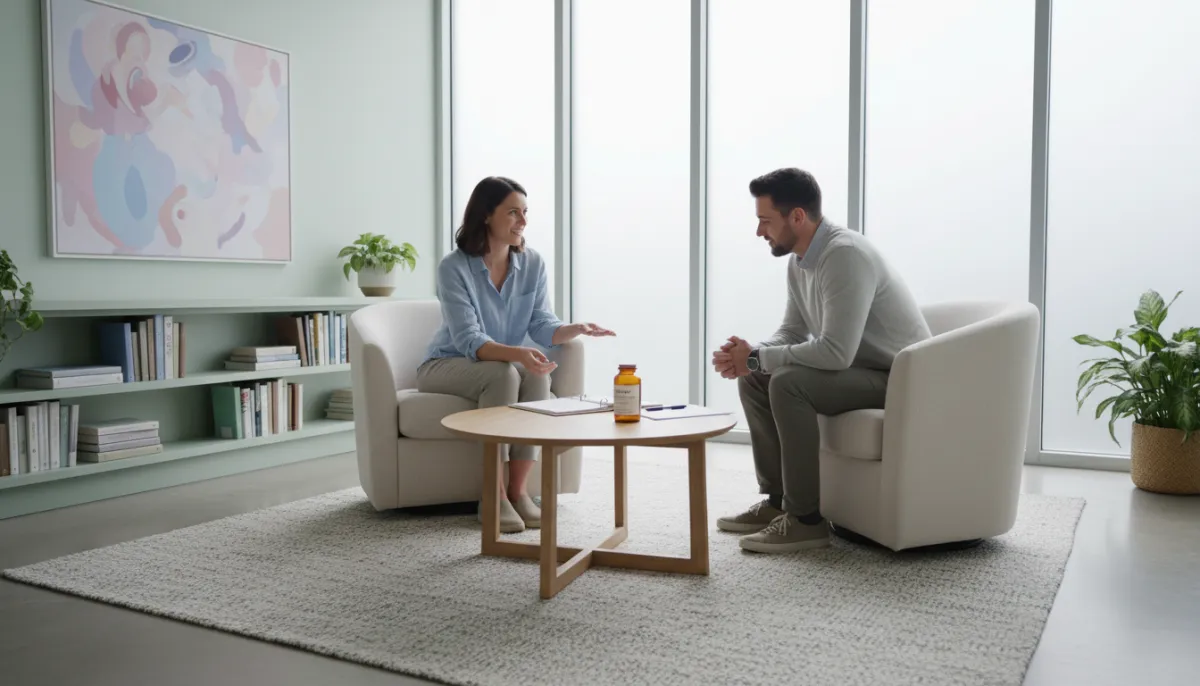 A therapist and patient reviewing medication options
