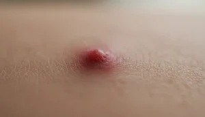 Close-up of inflamed acne lesion