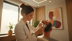 Dermatologist examining a patient's scalp
