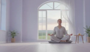 Person practicing deep breathing in a calm indoor setting
