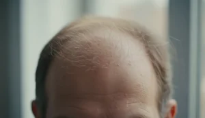 Close-up of a scalp showing thinning hair after chemotherapy