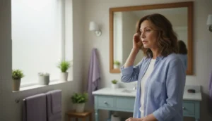 Woman examining thinning hair in mirror