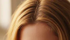 A close‑up of a scalp showing a deep side part