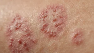 Close-up of inflamed skin with red patches