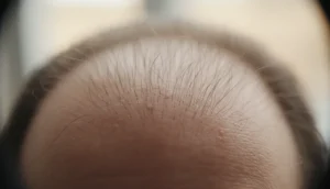Close-up of a scalp showing thinning hair