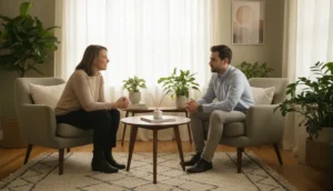 Therapist and patient in a calming consultation room