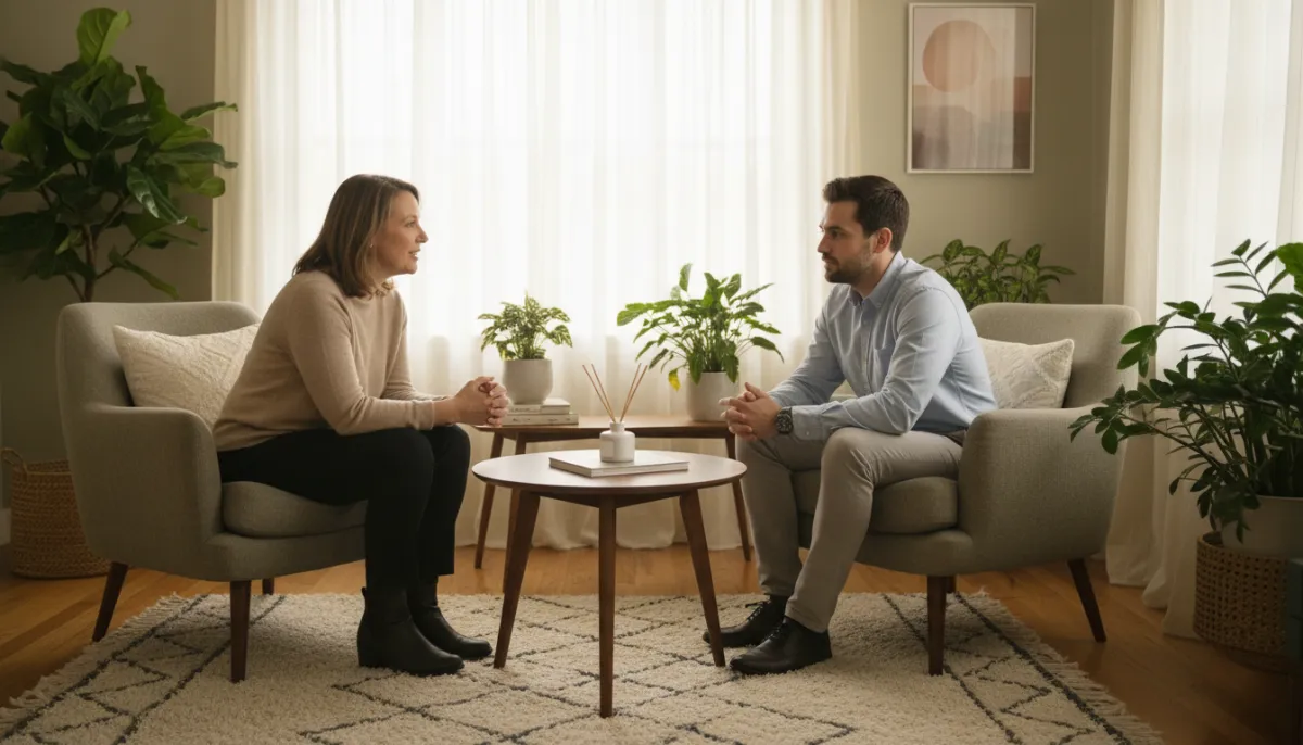 A therapist guiding a patient through CBT techniques