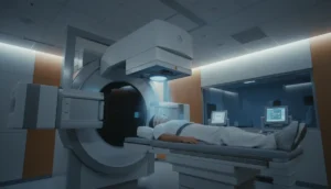 Radiation therapy equipment aimed at a patient’s head