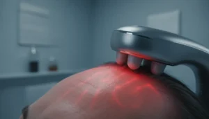 Close‑up of a scalp being treated with red light therapy