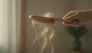 Close-up of hair strands falling from a brush
