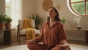 Person practicing deep breathing in a calm environment