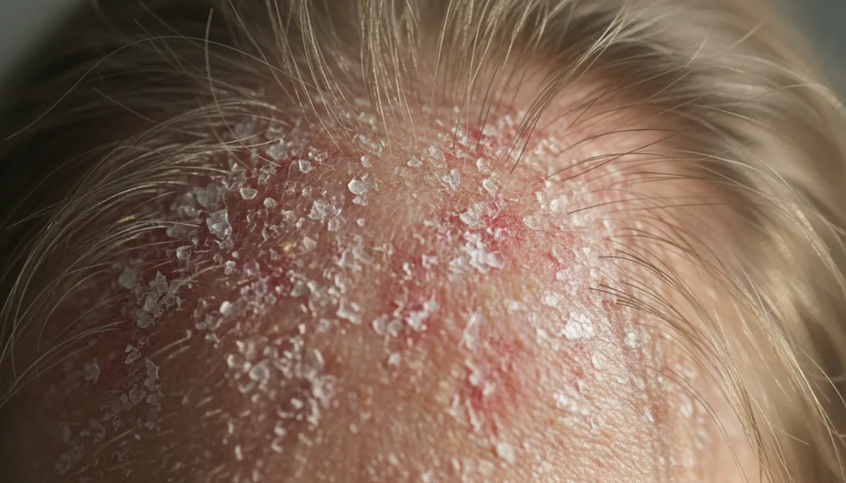 A scalp affected by flaky skin and hair shedding