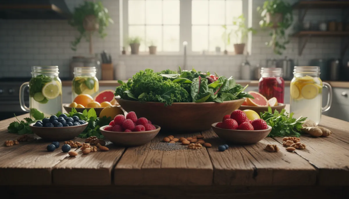 A colorful assortment of detox foods on a wooden table