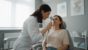 Close‑up of a dermatologist examining skin tone