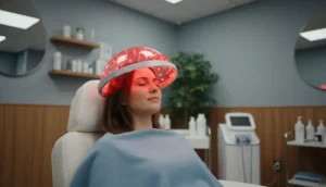 Close-up of a scalp being treated with a low-level laser device