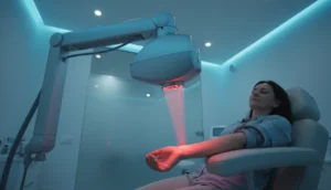 Low-level laser device emitting red light on skin