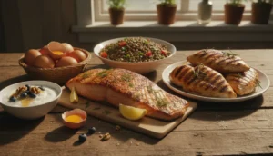 Assortment of protein-rich foods for hair health