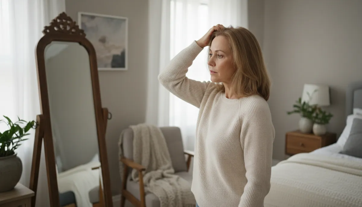 A woman checking her hair thinning