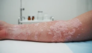 Close‑up of red scaly psoriasis patches on skin