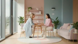 A wellness coach discussing goals with a client in a comfortable setting