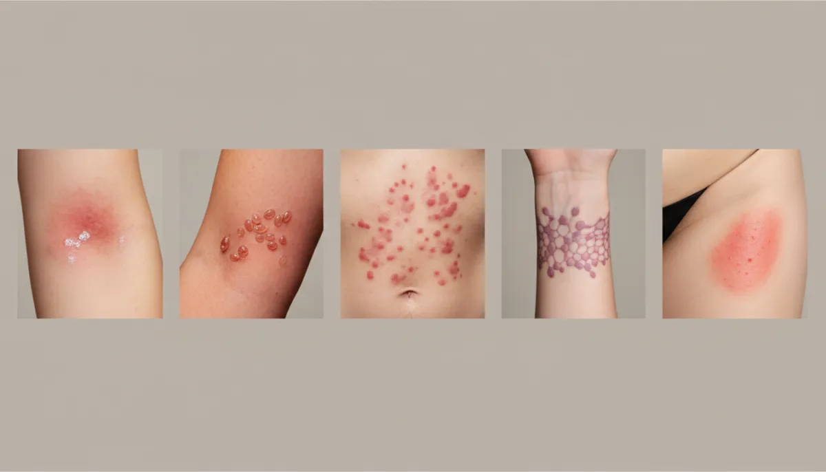 Visual comparison of eczema, contact dermatitis, heat rash, hives, and psoriasis