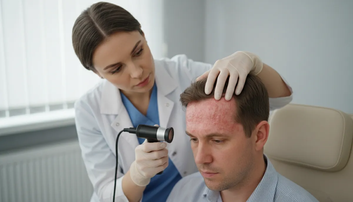 Close-up view of scalp psoriasis lesions