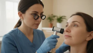 Close-up of a dermatologist examining facial skin