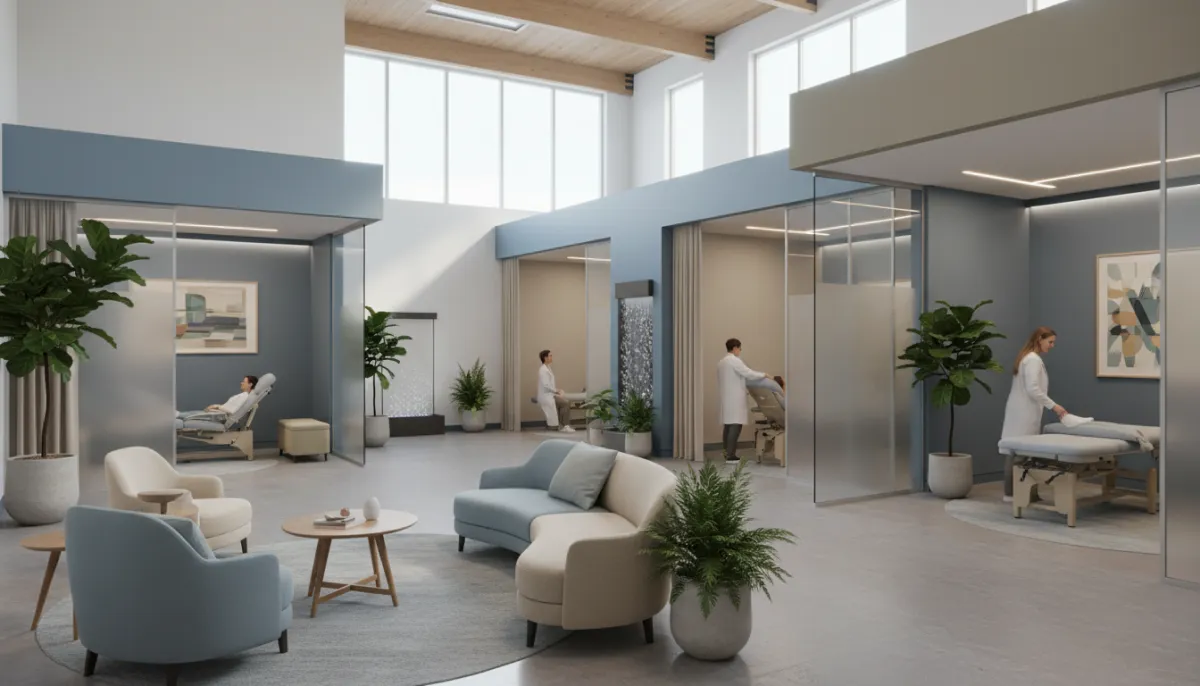 A modern rehabilitation center interior with therapy rooms