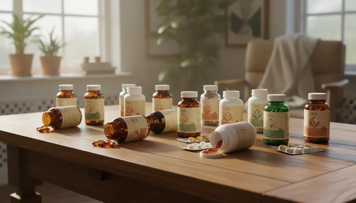 A selection of vitamin bottles and capsules on a wooden table