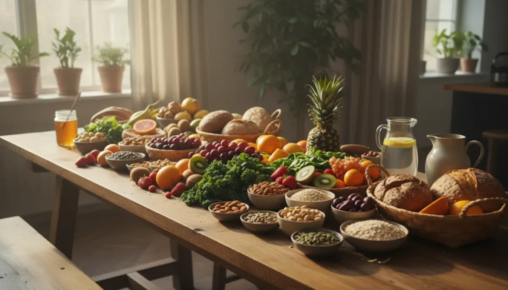 A selection of nutrient‑rich foods on a wooden table