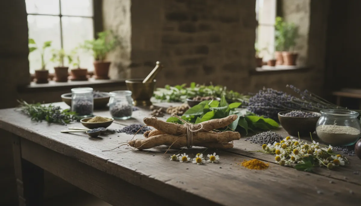 Assorted calming herbs on a wooden table