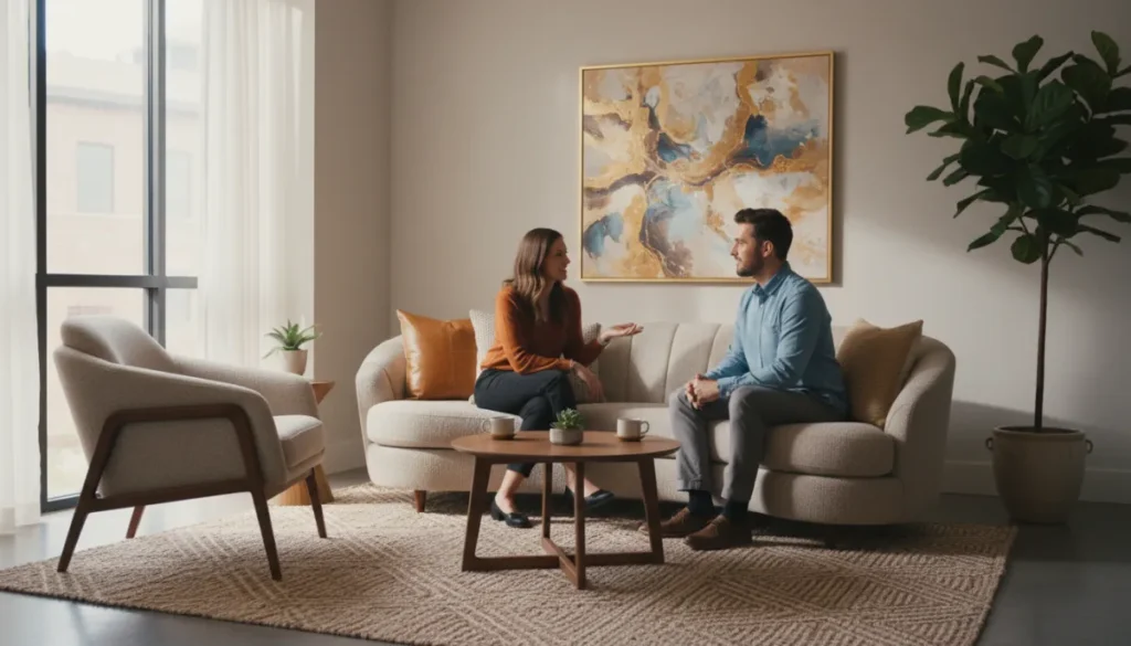 Therapist and client in a calming consultation room