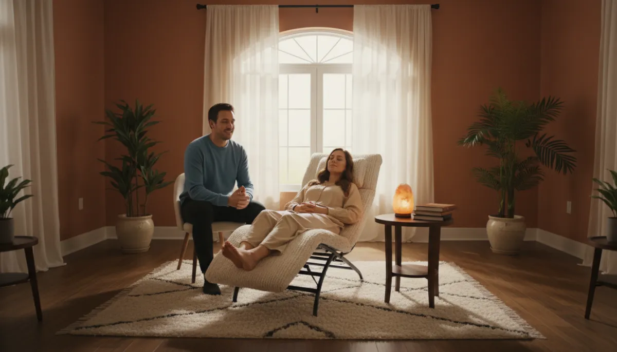 A calm hypnotherapy session with a therapist guiding a patient