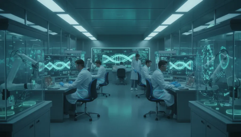 Scientists analyzing DNA sequences in a modern lab