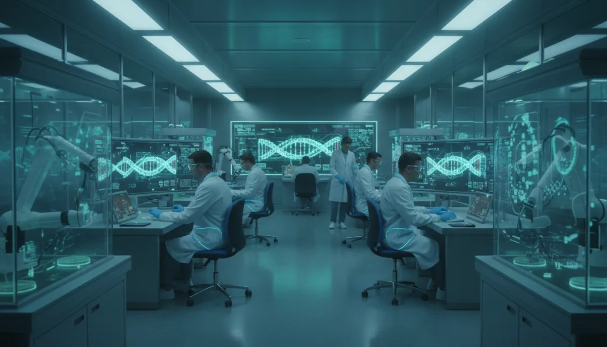 Scientists analyzing DNA sequences in a modern lab