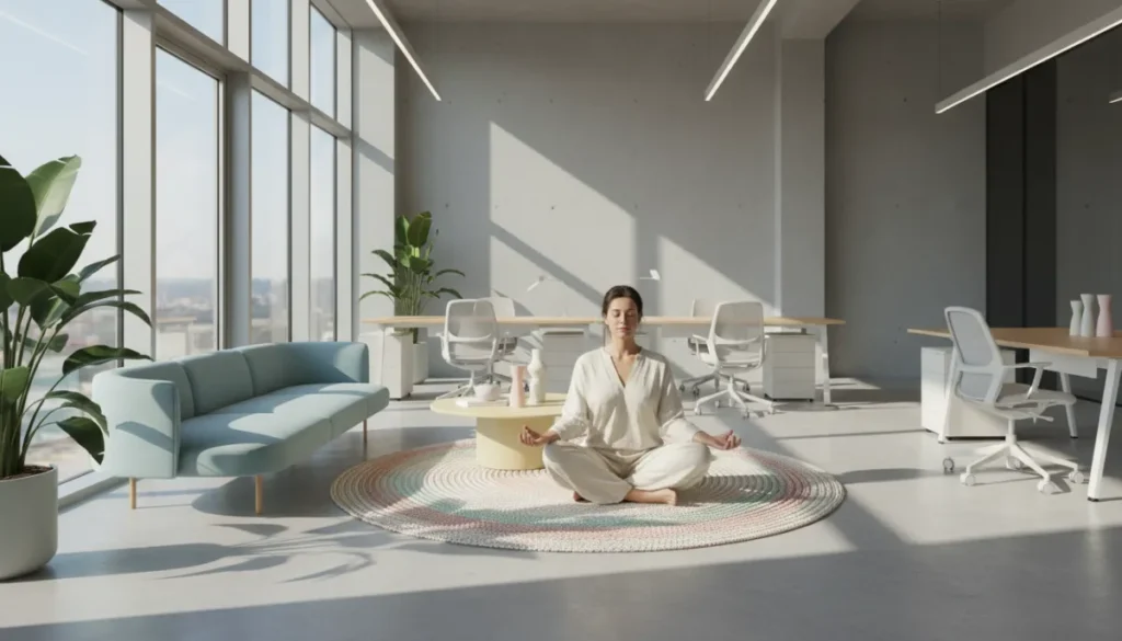 person meditating in a bright office