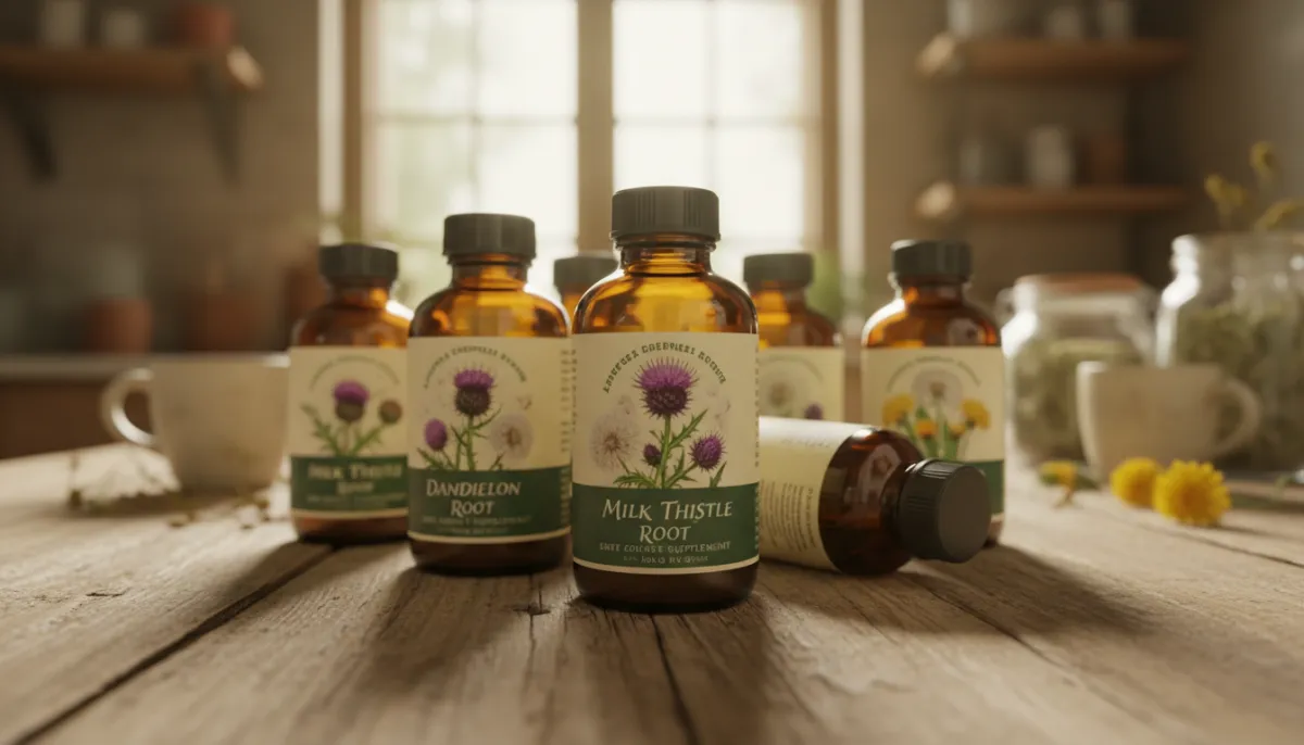 Liver detox supplement bottles on a wooden table