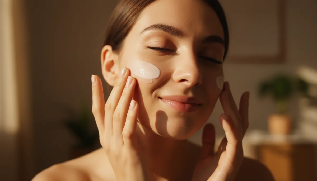 A woman applying skin cream to her face