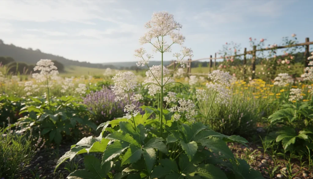 Valerian plant with green leaves and white flowers