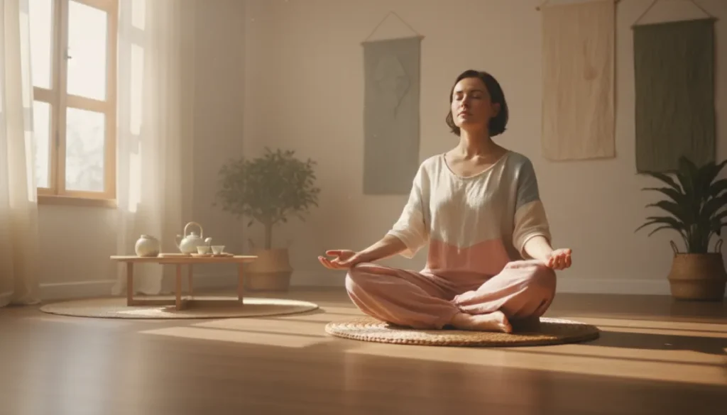 Person practicing deep breathing in a calm environment