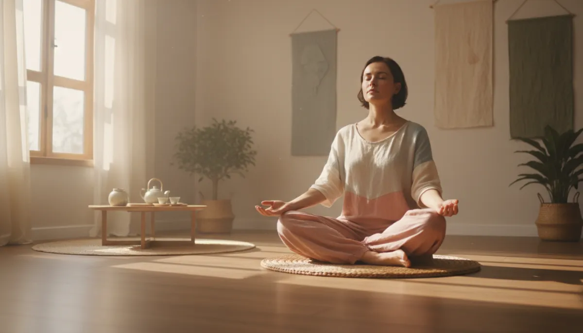 Person practicing deep breathing in a calm environment