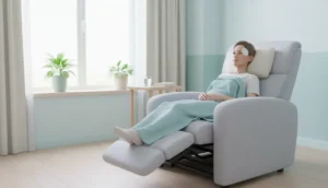 Patient resting with head elevated after hair transplant