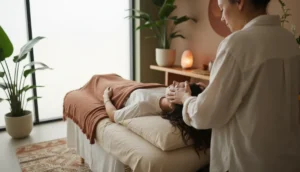 A professional performing a scalp massage