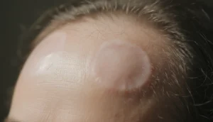 Close-up of a scalp with circular bald spots caused by alopecia areata