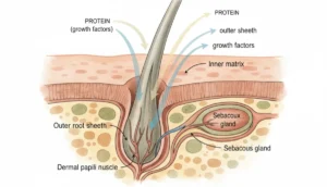 Diagram showing hair follicle structure and protein flow