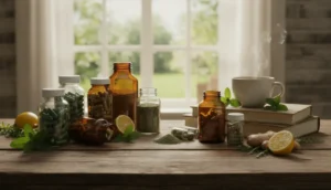 Liver detox supplement bottles on a wooden table